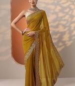 yellow embellished organza saree with unstitched blouse piece