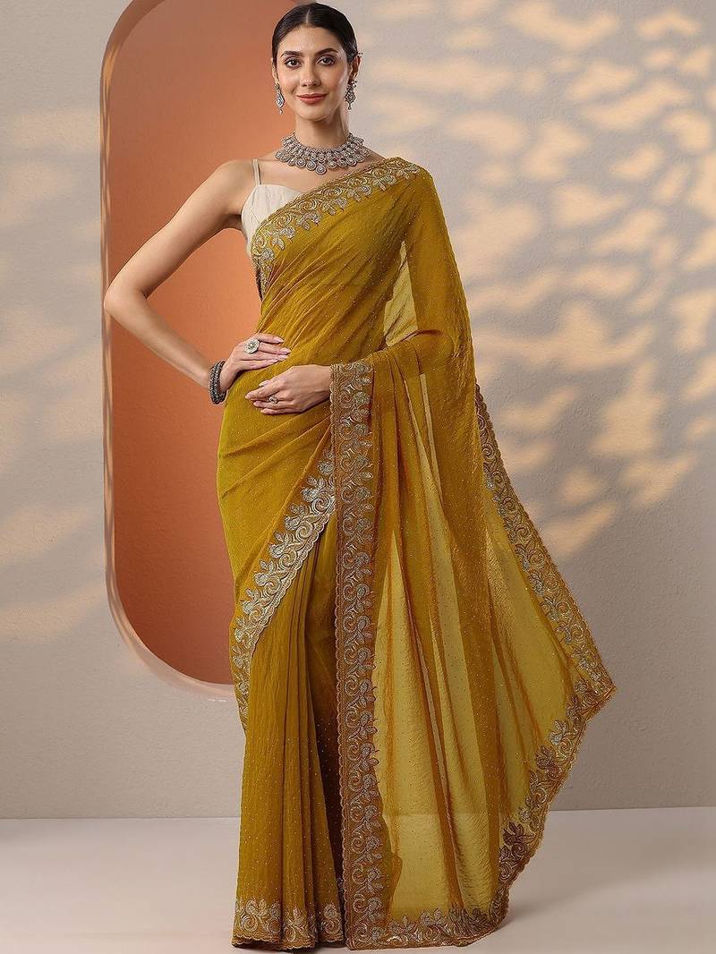 yellow embellished organza saree with unstitched blouse piece