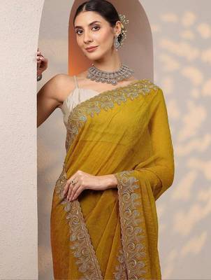 yellow embellished organza saree with unstitched blouse piece 3