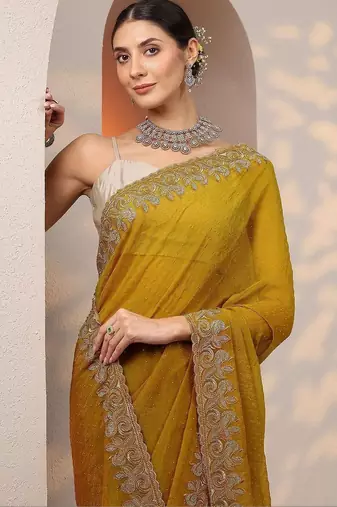 yellow embellished organza saree with unstitched blouse piece