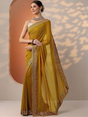 yellow embellished organza saree with unstitched blouse piece 4