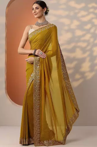 yellow embellished organza saree with unstitched blouse piece