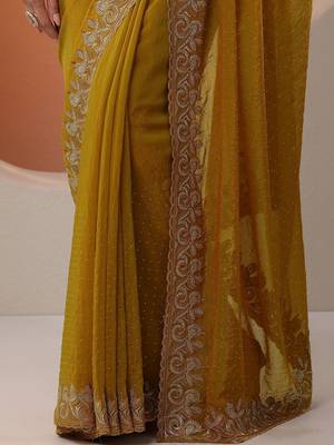 yellow embellished organza saree with unstitched blouse piece 5