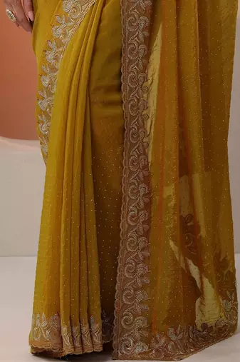 yellow embellished organza saree with unstitched blouse piece