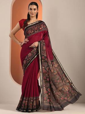 maroon solid saree with unstitched blouse piece 1