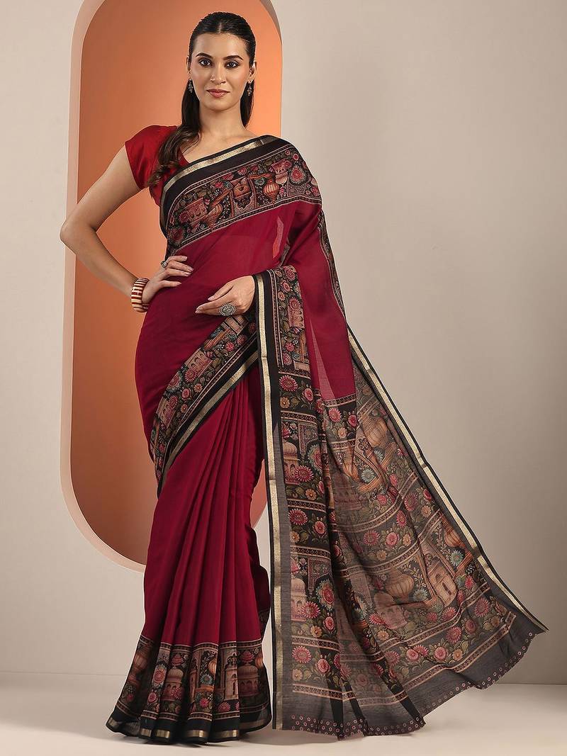 maroon solid saree with unstitched blouse piece