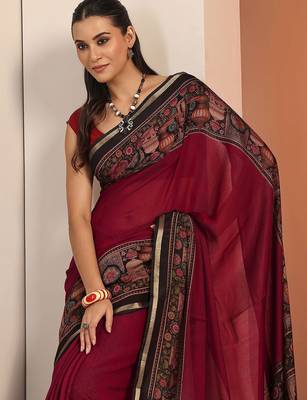 maroon solid saree with unstitched blouse piece 2