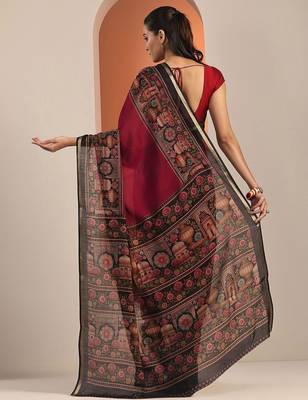 maroon solid saree with unstitched blouse piece 4