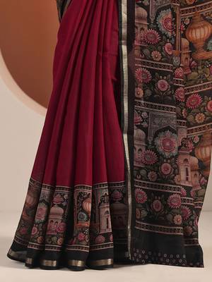 maroon solid saree with unstitched blouse piece 5