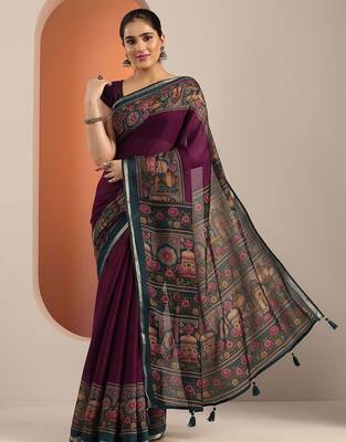burgundy solid saree with unstitched blouse piece 2
