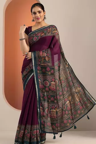 burgundy solid saree with unstitched blouse piece