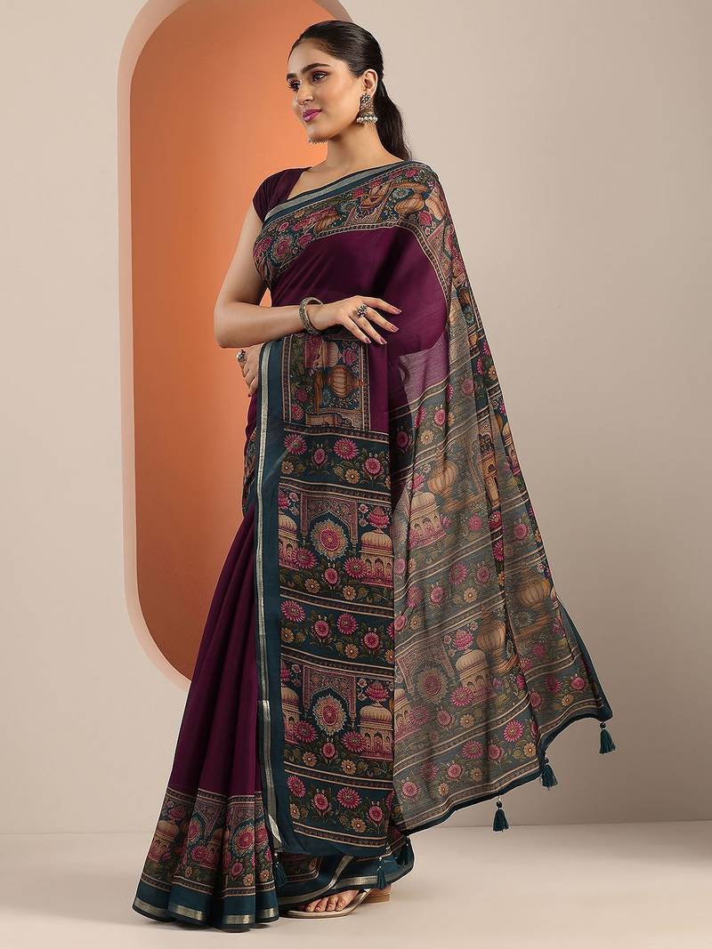 burgundy solid saree with unstitched blouse piece