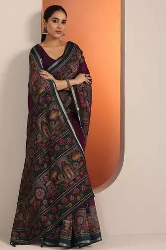 burgundy solid saree with unstitched blouse piece