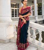 teal solid saree with unstitched blouse piece
