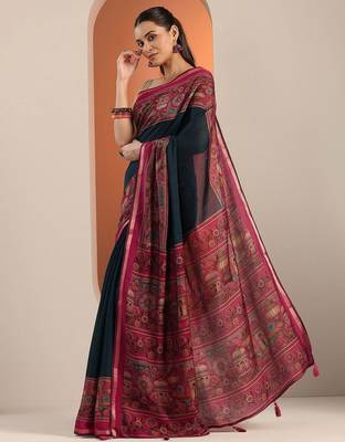 teal solid saree with unstitched blouse piece 3