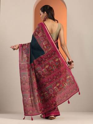 teal solid saree with unstitched blouse piece 4