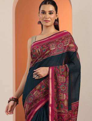 teal solid saree with unstitched blouse piece 5