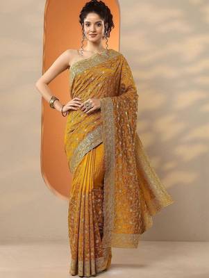 yellow embellished saree with unstitched blouse piece 1