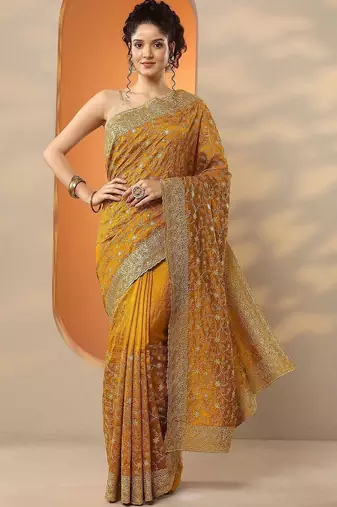 yellow embellished saree with unstitched blouse piece
