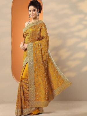yellow embellished saree with unstitched blouse piece 3