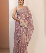 lavender embroidered nylon saree with unstitched blouse piece