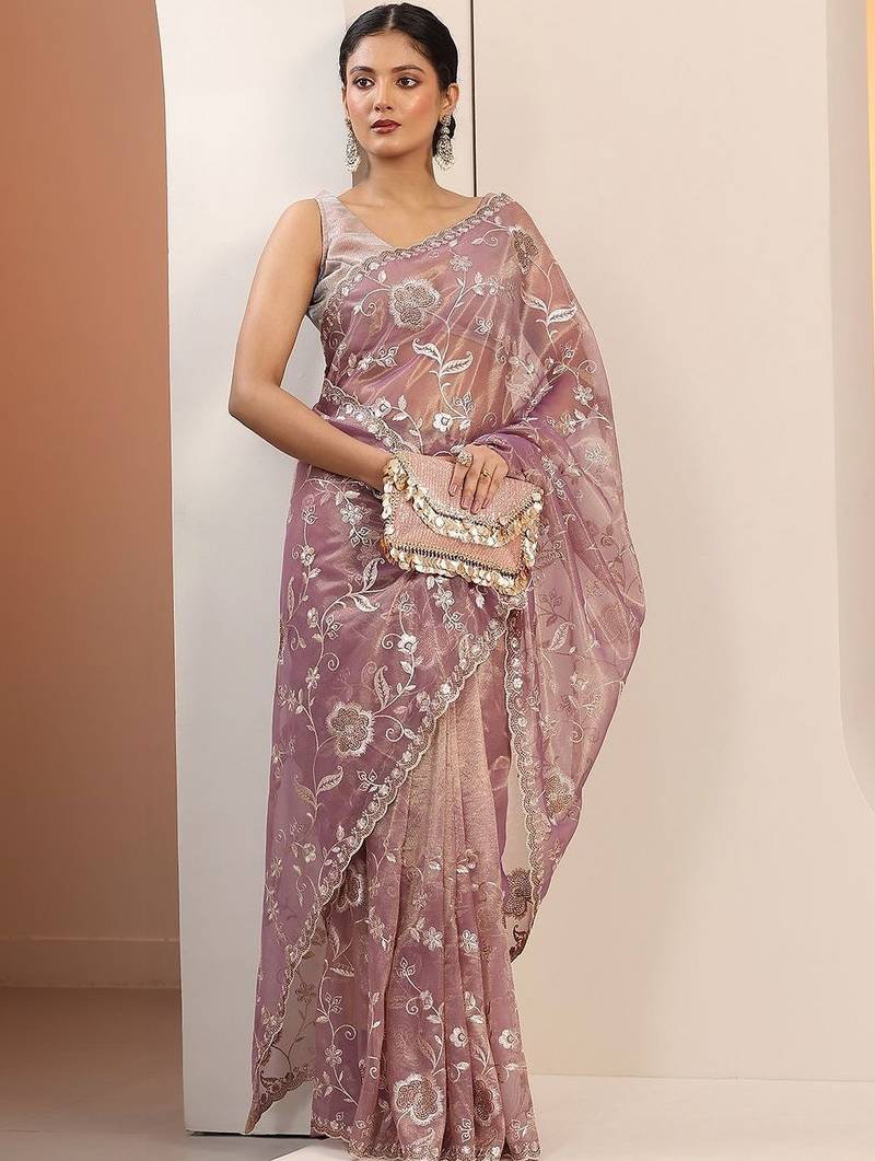 lavender embroidered nylon saree with unstitched blouse piece
