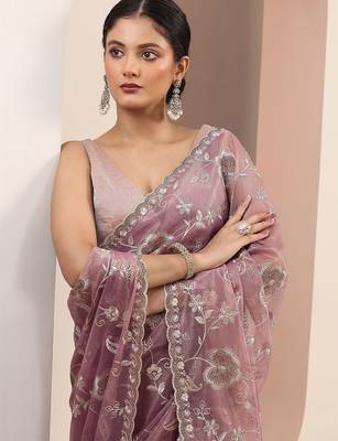 lavender embroidered nylon saree with unstitched blouse piece 2