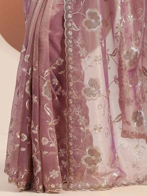 lavender embroidered nylon saree with unstitched blouse piece 4