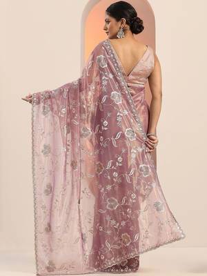lavender embroidered nylon saree with unstitched blouse piece 5