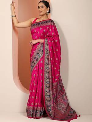 pink printed saree with unstitched blouse piece 1