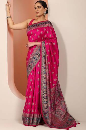 pink printed saree with unstitched blouse piece