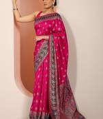 pink printed saree with unstitched blouse piece