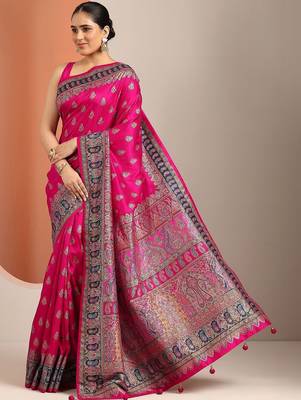 pink printed saree with unstitched blouse piece 3