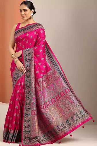 pink printed saree with unstitched blouse piece