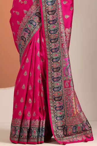 pink printed saree with unstitched blouse piece