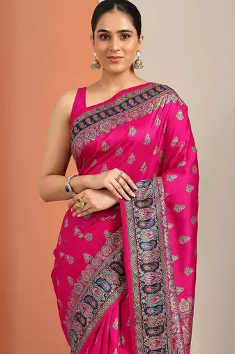 pink printed saree with unstitched blouse piece