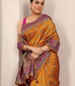 mustard printed saree with unstitched blouse piece