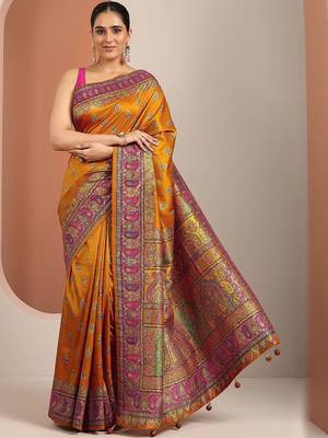 mustard printed saree with unstitched blouse piece 2