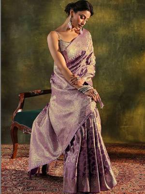 lavender woven design zari satin saree 1