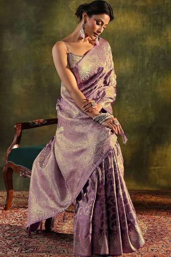 lavender woven design zari satin saree
