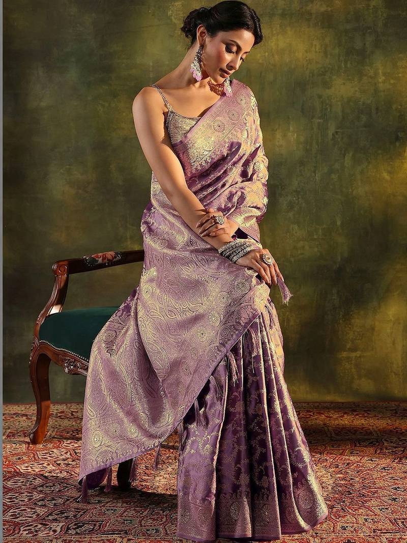 lavender woven design zari satin saree