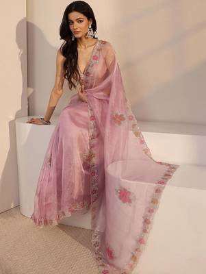 pink floral beads and stones organza heavy work saree 1