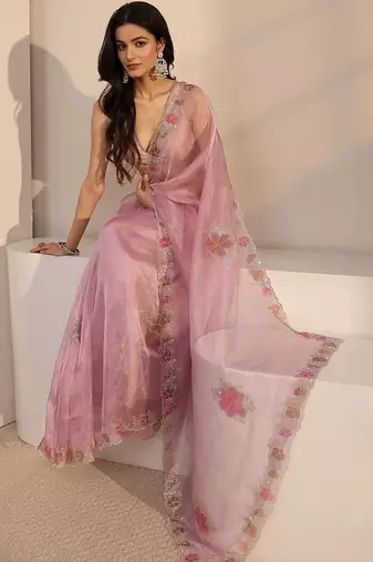 pink floral beads and stones organza heavy work saree