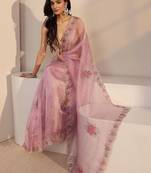 pink floral beads and stones organza heavy work saree