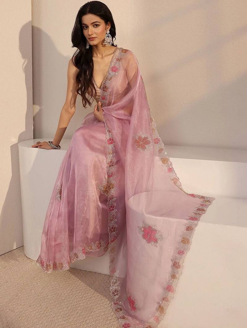 pink floral beads and stones organza heavy work saree