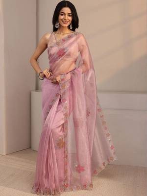 pink floral beads and stones organza heavy work saree 2