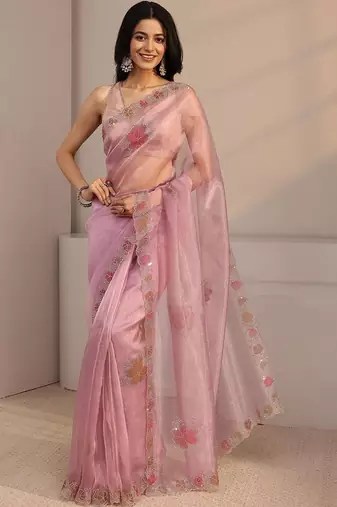 pink floral beads and stones organza heavy work saree