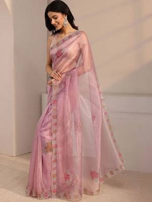 pink floral beads and stones organza heavy work saree 3