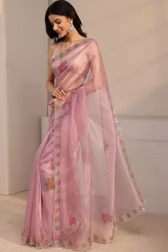 pink floral beads and stones organza heavy work saree