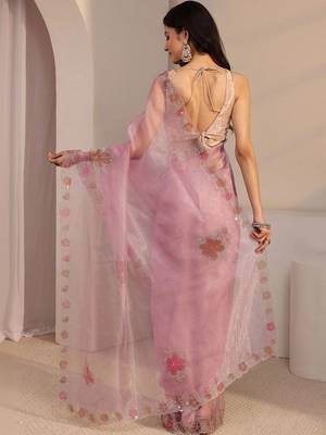 pink floral beads and stones organza heavy work saree 4